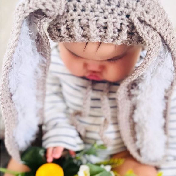 gray crocheted new bunny bonnet with fur ears - Picture 2 of 4
